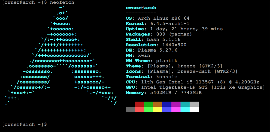 A screenshot of a terminal showing neofetch. On the left is ASCII art of a stylized 'A' in blue. On the rigt is the text: 'OS: Arch Linux x86_64 Kernel: 6.4.5-arch1-1 Uptime: 1 day, 21 hours, 35 mins Packages: 808 (pacman) Shell: bash 5.1.16 Resolution: 1440x900 DE: Plasma 5.27.6 WM: kwin WM Theme: plastik Theme: [Plasma], Breeze [GTK2/3] Icons: [Plasma], Breeze-dark [GTK2/3] Terminal: konsole CPU: 11th Gen Intel i5-1135G7 (8) @ 4.200GHz GPU: Intel TigerLake-LP GT2 [Iris Xe Graphics] Memory: 5105Mib / 7743Mib' below that are 16 colored squares